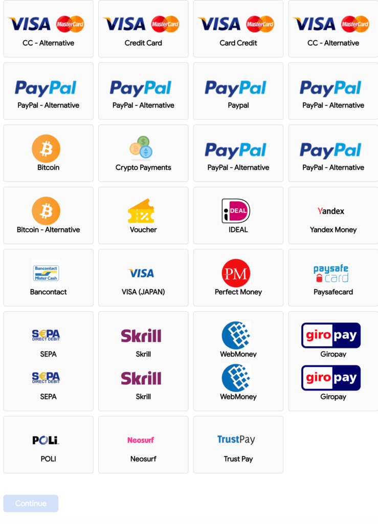 Emload payment methods including Visa, MasterCard, PayPal, Bitcoin and Crypto