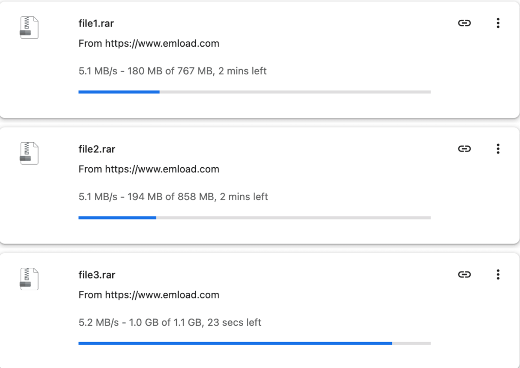 emload chrome 3 parallel downloads initial test 15.4 MB/s
